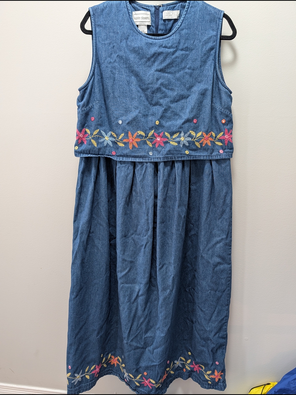 Vtg Karin Stevens Denim Embroidered Dress